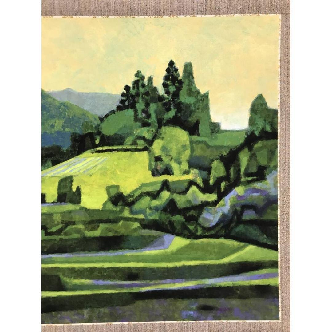 真作/山本知克/新緑風景図/山水図/横物/春/岩絵の具/掛軸☆宝船☆AK-286