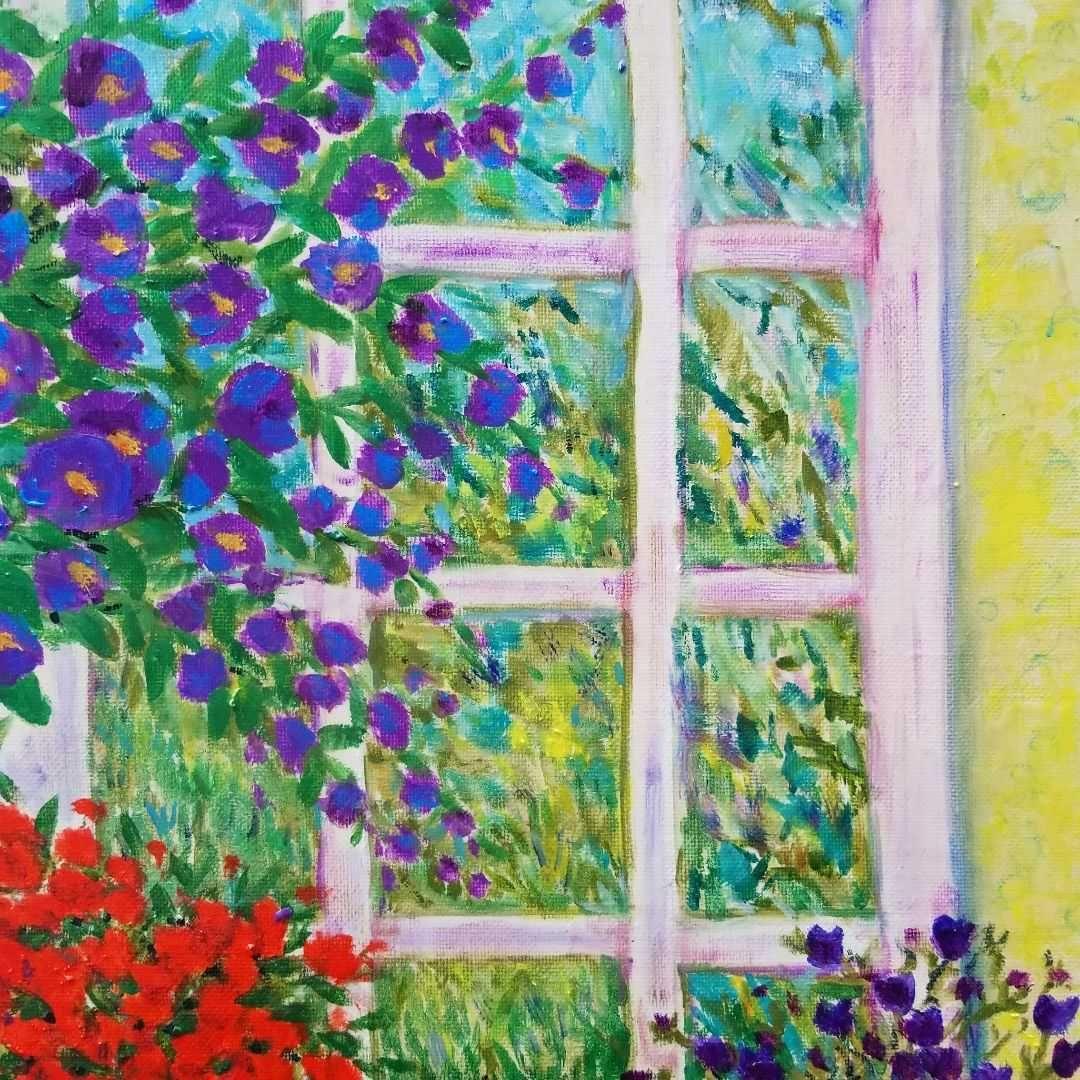 油絵　窓辺に並べたお花　　大きめキャンバス
