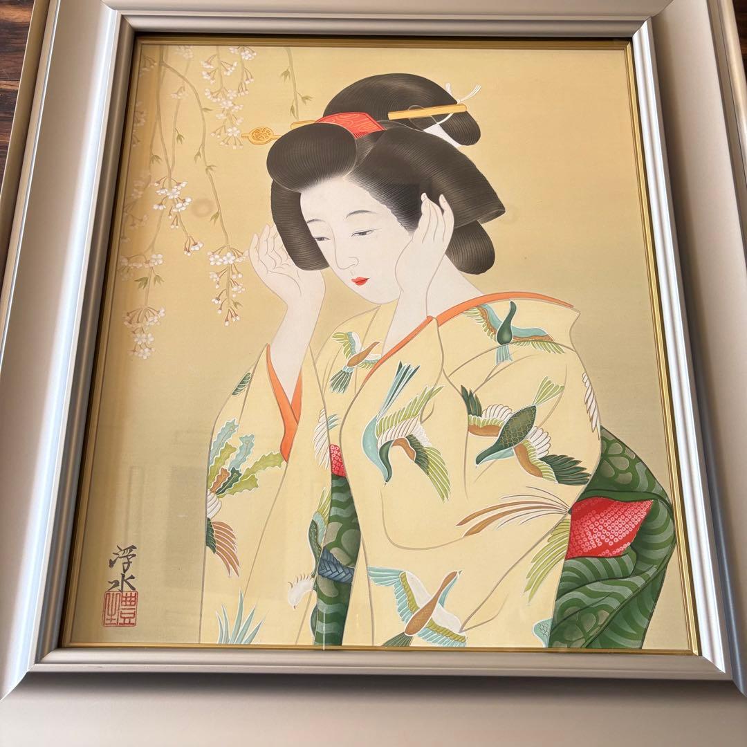 堀江浮水 (堀江豊生) 額装 美人画 真作 日本画 師/伊東深水 絵画 A