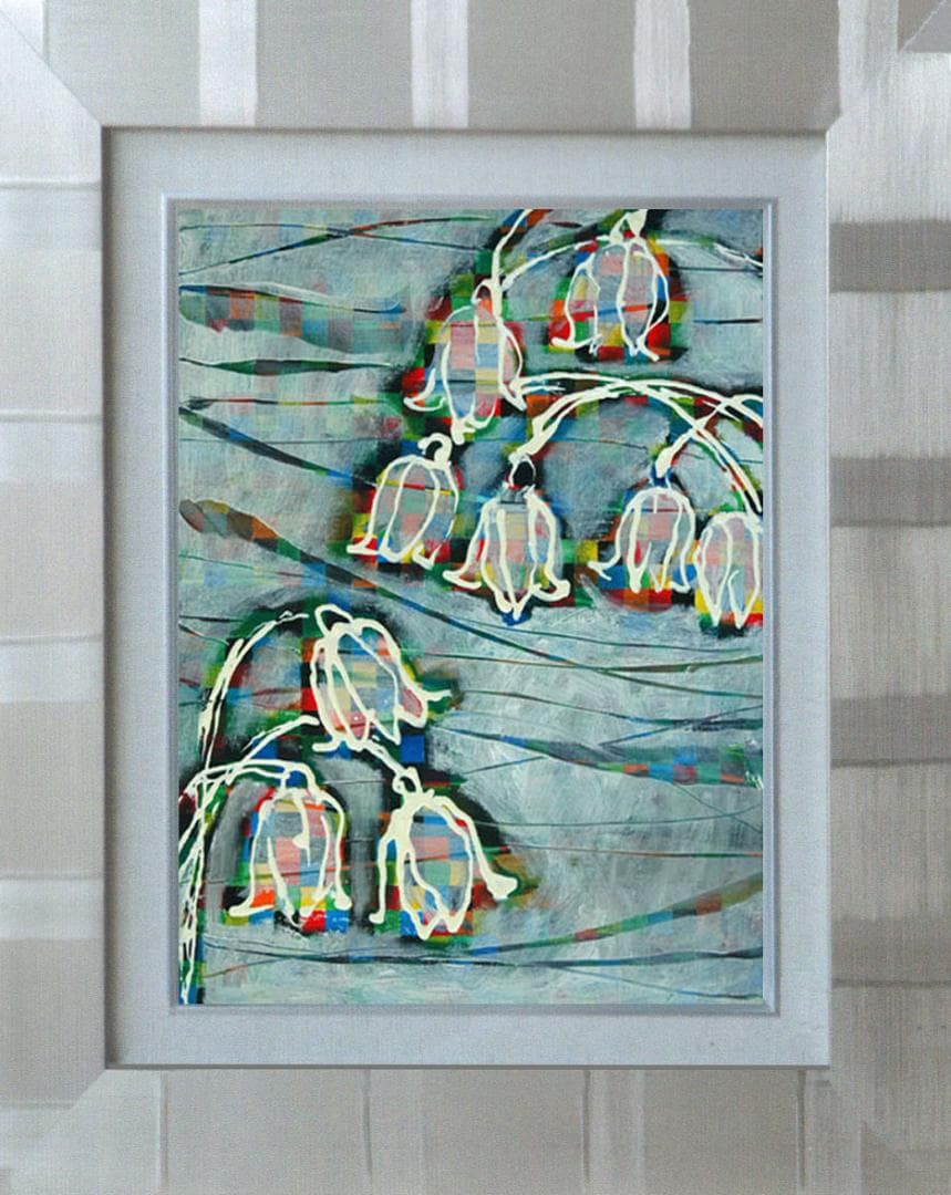 油絵 菅家令子 絵画インテリア額付(青緑＋金色の枠) F4-090116すずらん