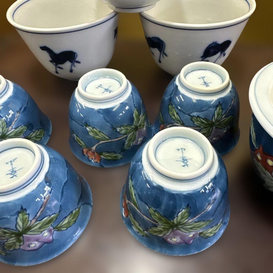 平安，京焼，有田焼，清水焼，茶道具セット 青色花柄 急須 茶碗 湯呑み