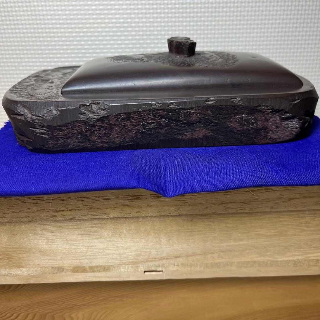 ⭕️赤間硯　石蓋付硯　長久松彫刻　大型硯　赤間硯　くすのき製硯　下井百合昭　昭竜山