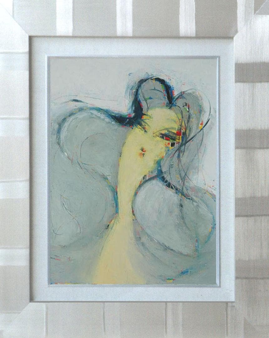 油絵 菅家令子 絵 絵画インテリア額付(青緑＋金色の枠) F6-081212女性