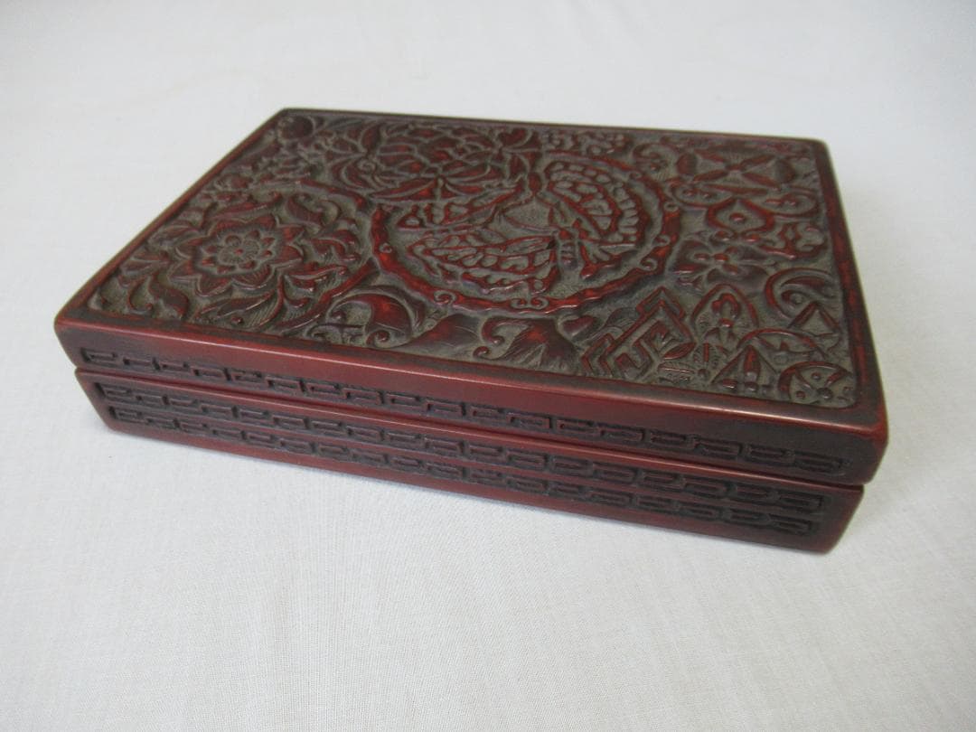 ◆希少 美品 1900年頃(清朝末期)◆剔紅/堆朱 蜀江文、蝶、燕、雷紋 硯箱