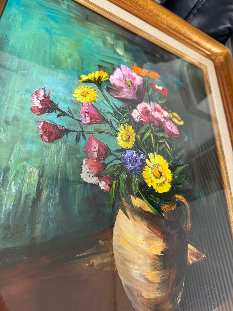 レイ　花瓶の花 油画 金色フレーム付き