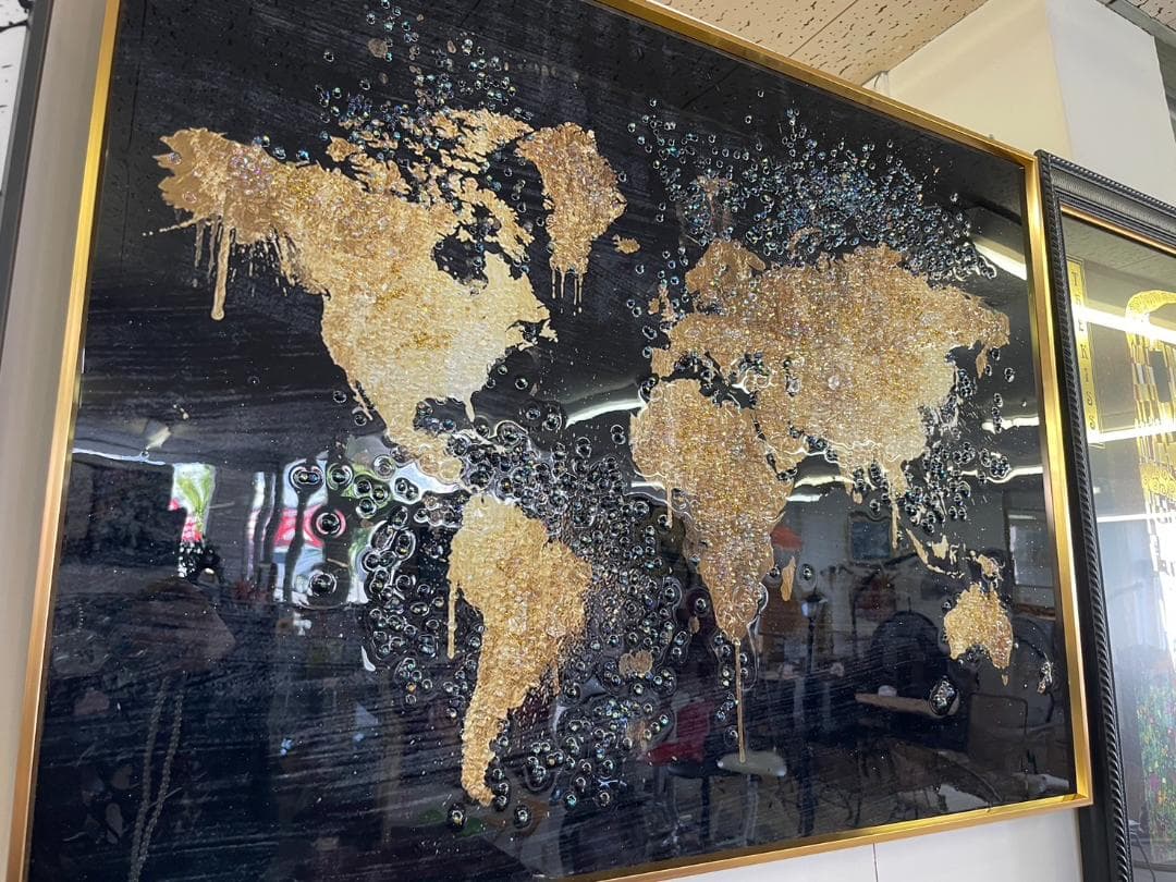 水晶絵　世界地図　アートパネル　クリスタル　立体　絵画　アート　パネル　壁画