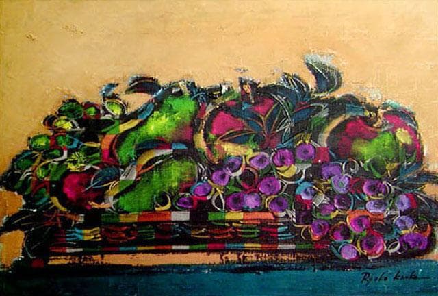 油絵 菅家令子 絵 絵画インテリア 額付(白) uF6-061104 静物 果物