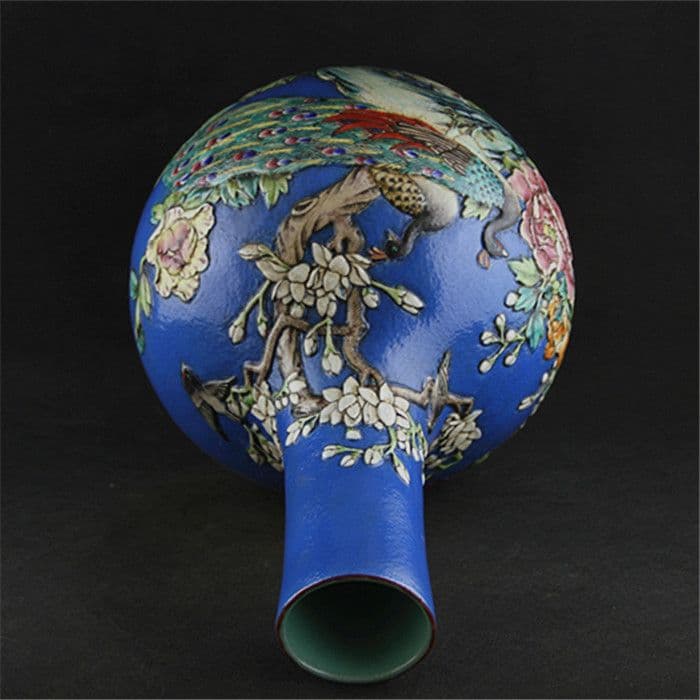 清乾隆帝浮彫藍釉粉彩花鳥天球瓶 景徳鎮 陶磁器 装飾品 現代工芸品 美術品 置物