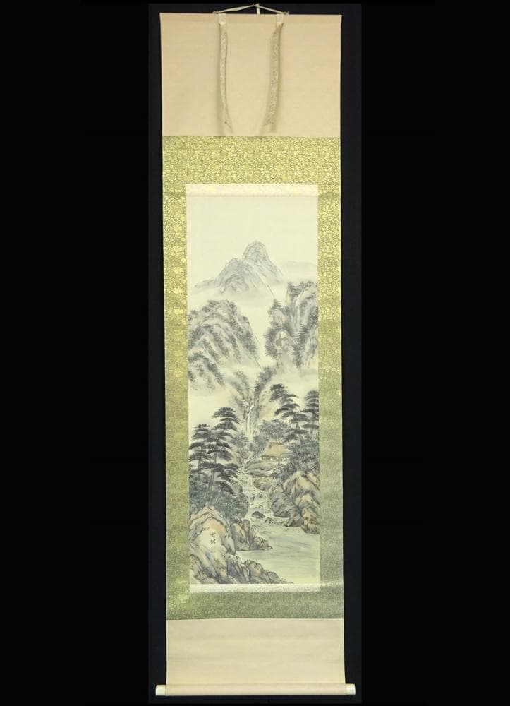 掛軸 篠原宏林『光風清涼 松林山水図』絹本 肉筆 共箱付 掛け軸 a111114
