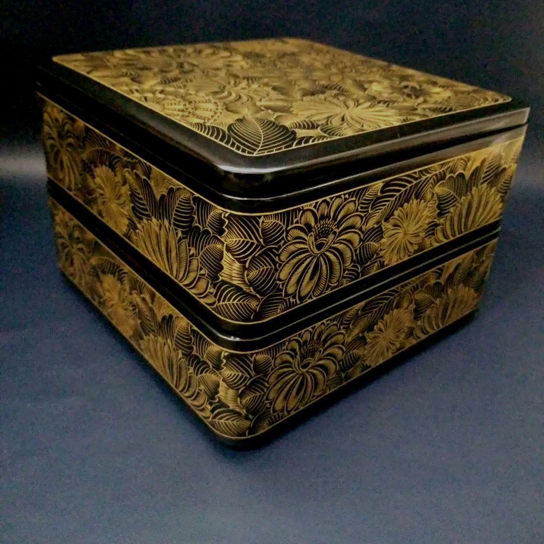 極美品 未使用 輪島塗 布着本堅地 二段重 黒漆 極上菊詰 沈金 蒔絵 重箱②