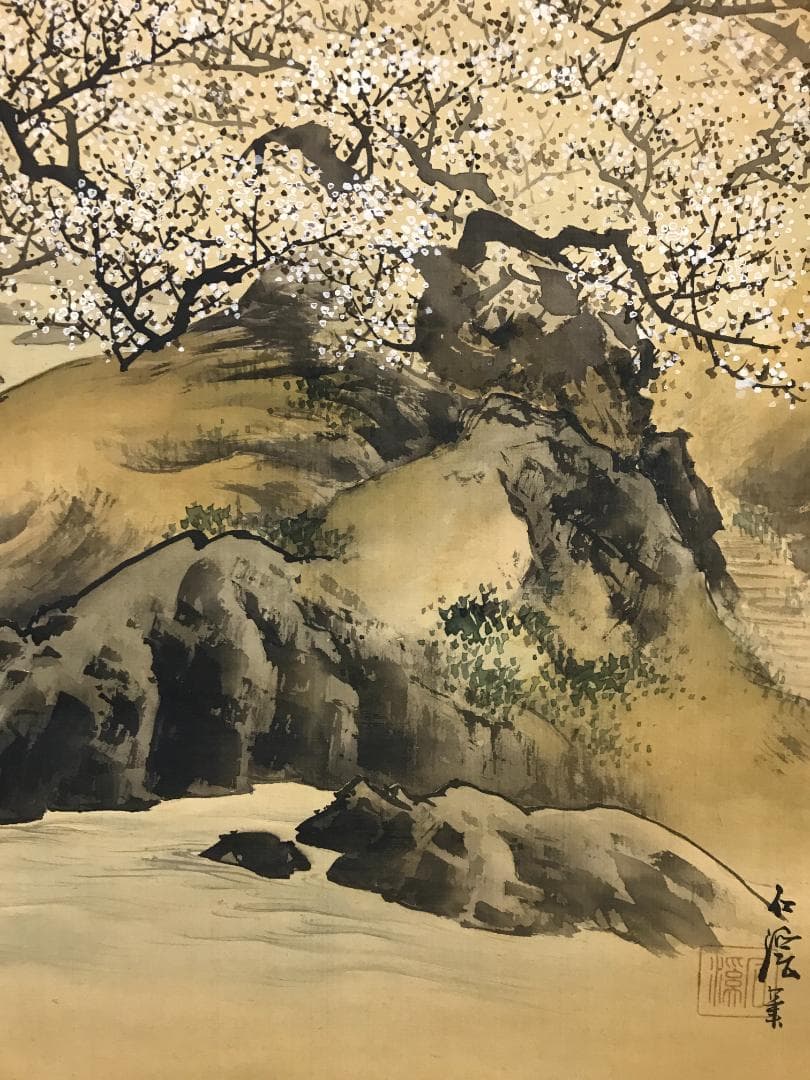 真作/石渓/梅花山村図/山/村/山水/家/布袋屋掛軸HB-133