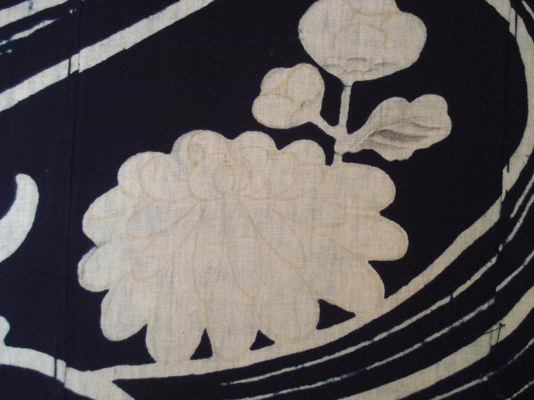 布団　解き　筒描き　木綿地　手織り　藍染　家紋　吉兆模様　菊水
