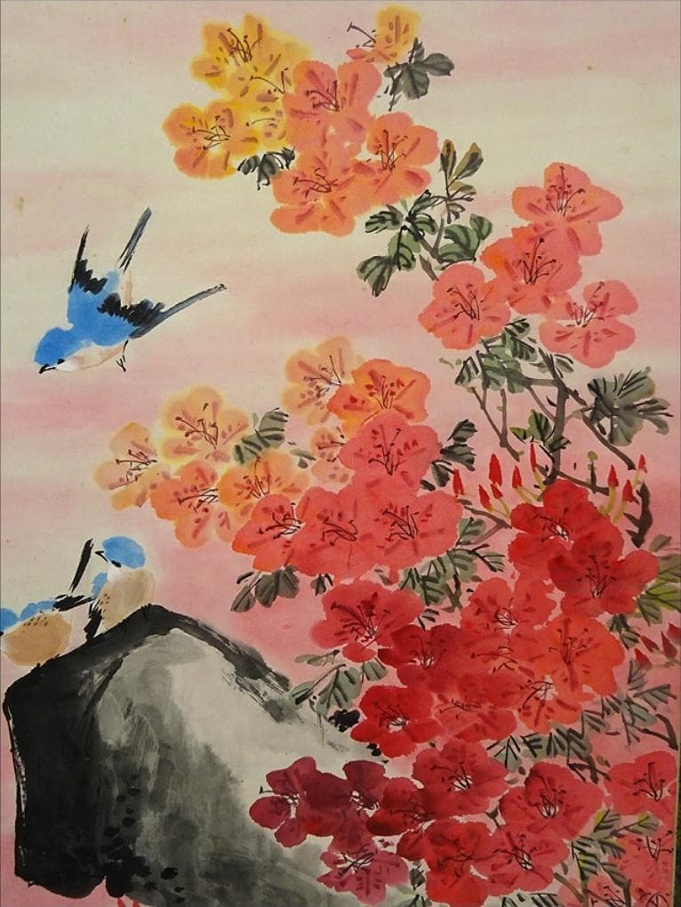 掛軸 2本セット 胡健華『花鳥図』中国画 紙本 肉筆 掛け軸