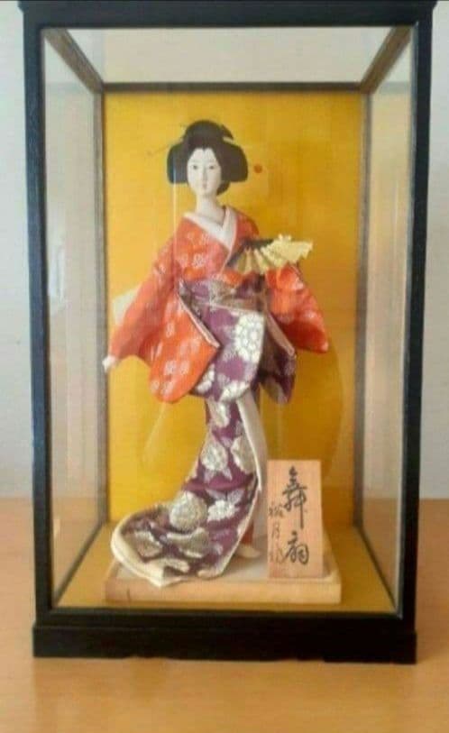 日本人形 舞扇 ガラスケース付き 昭和アンティーク雑貨インテリア 芸子 日本舞踊
