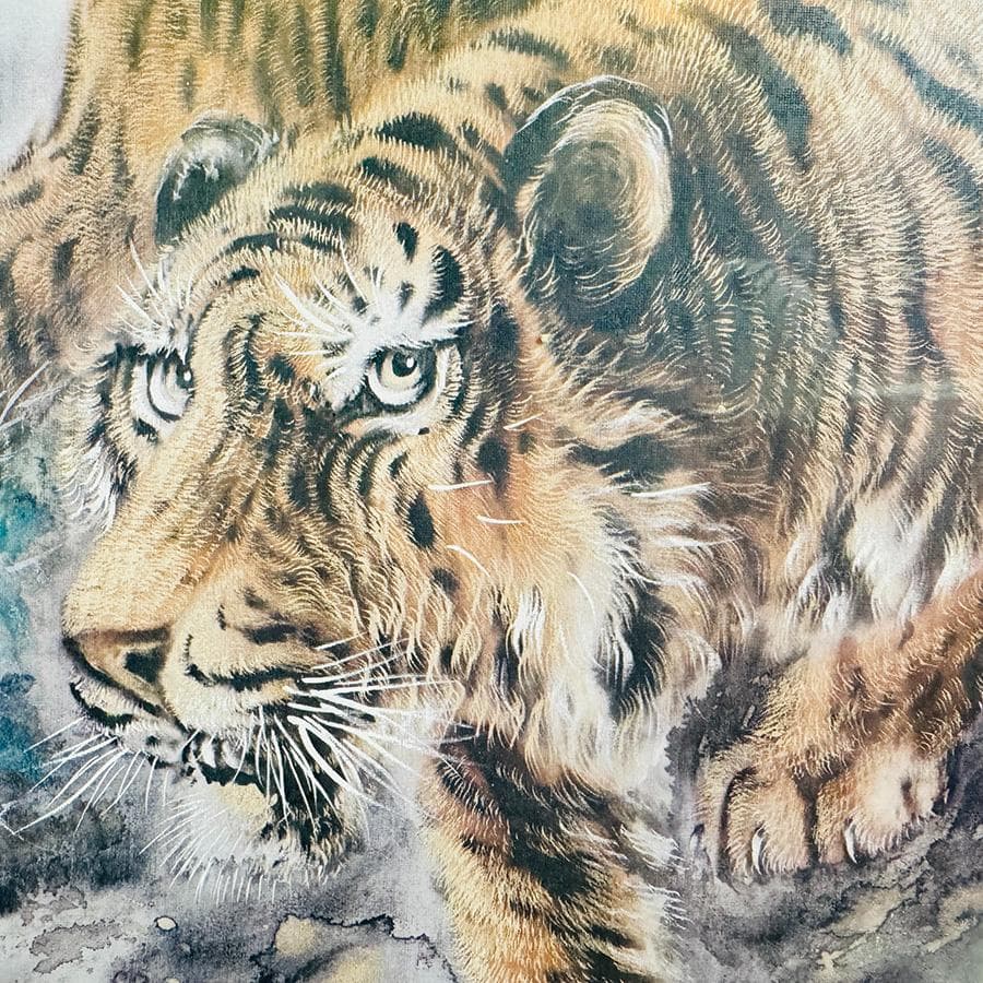 猛虎 寅 絵画 日本画 水彩画 在銘 F6号 額寸縦53cm ✖️ 横41cm