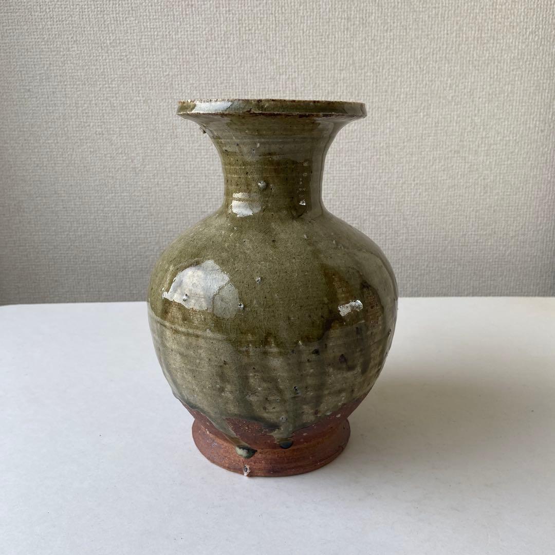 山田和俊　長頸壷　猿投窯　織部　共箱共布