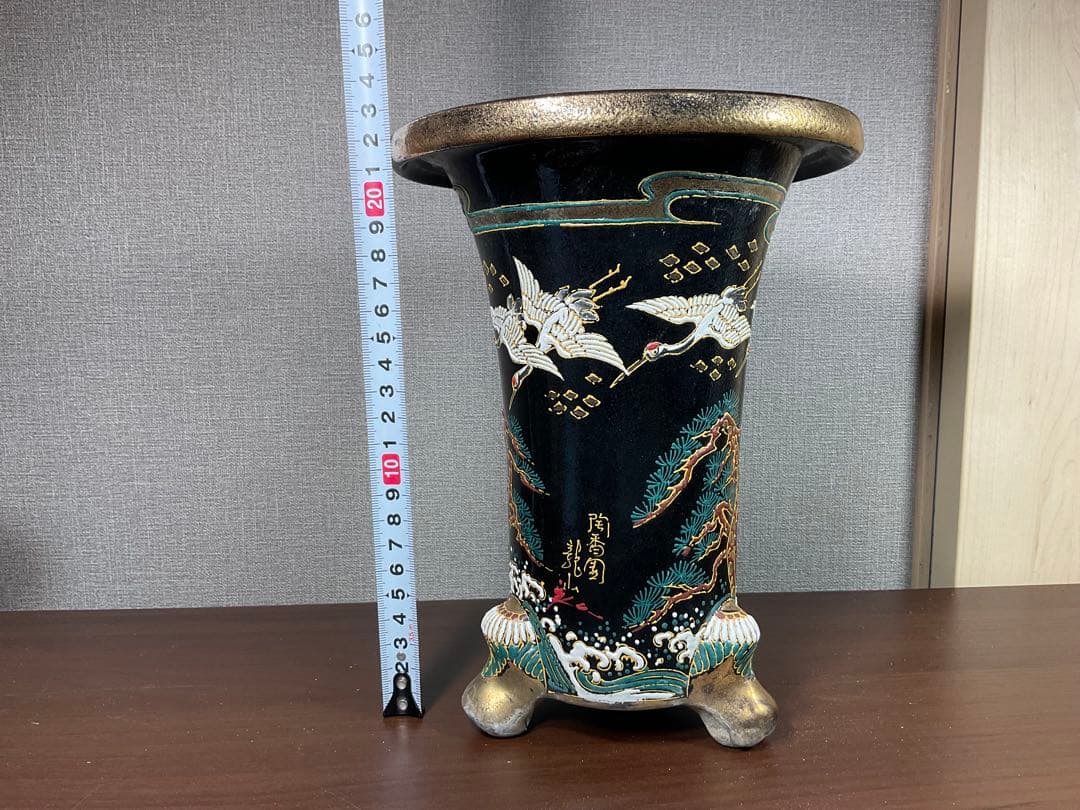 古い蘭鉢「陶香園 龍山在銘品」鶴絵付万年青鉢古美術品(植木鉢盆栽鉢蘭寒蘭旧家)