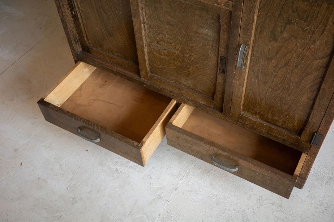 昭和レトロ 食器棚 水屋箪笥 ガラス引き戸 折り畳み天板付