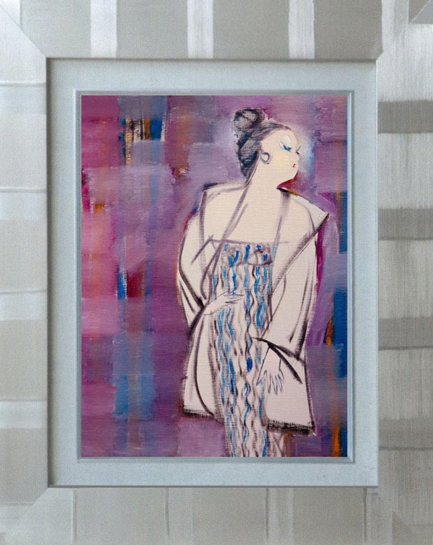油絵 菅家令子 絵 絵画インテリア額付(青緑＋金色の枠) F6-083611女性