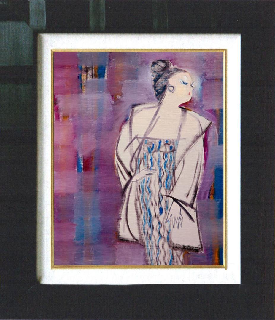 油絵 菅家令子 絵 絵画インテリア額付(青緑＋金色の枠) F6-083611女性
