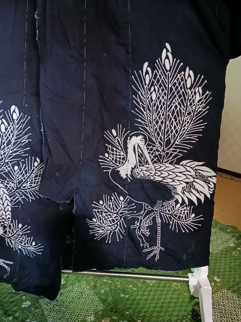 古布　夜着　綿　藍染　筒描き　家紋　鶴松　一枚