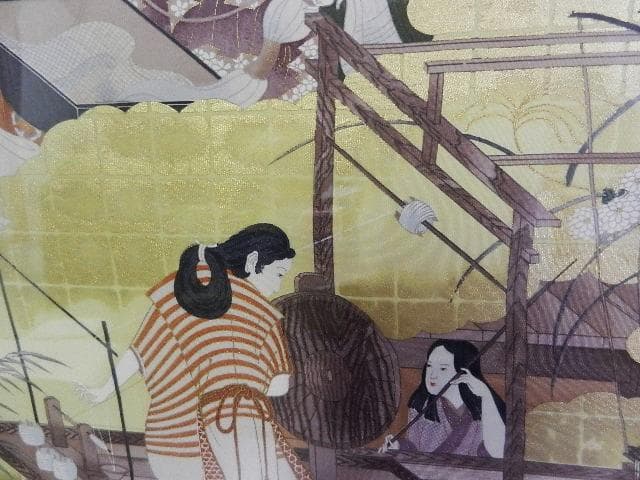 額装正絹染め江戸時代風俗絵「職人尽絵・機織図（しょくにんづくしえ・はたおりず）」