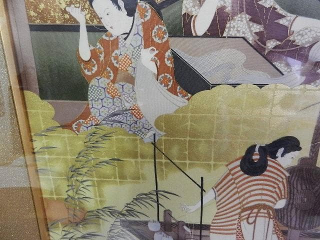 額装正絹染め江戸時代風俗絵「職人尽絵・機織図（しょくにんづくしえ・はたおりず）」