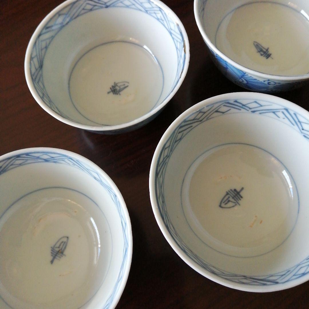 古伊万里　染付線描蓋茶碗　8客　10.5cm　江戸後期～幕末