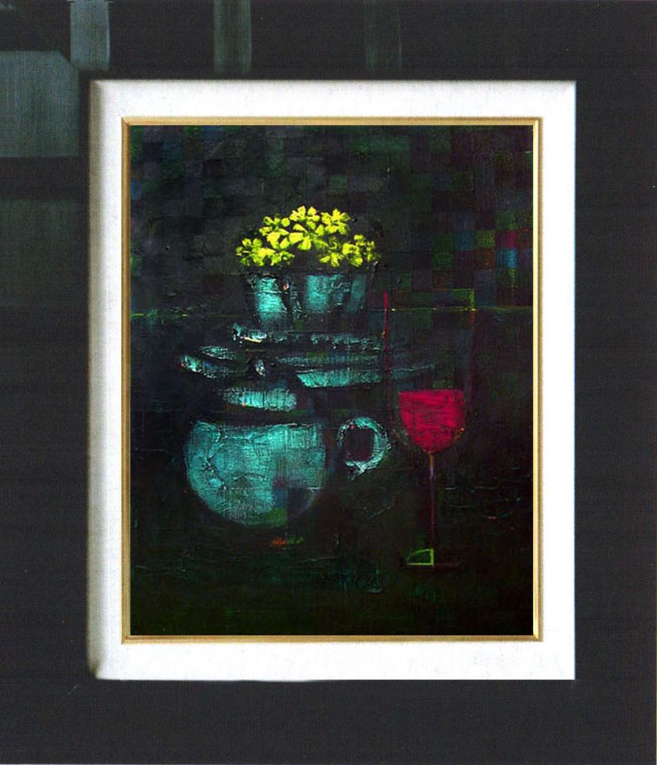 油絵 菅家令子 絵 絵画 インテリア uF6-063404 静物 花 グラス 器