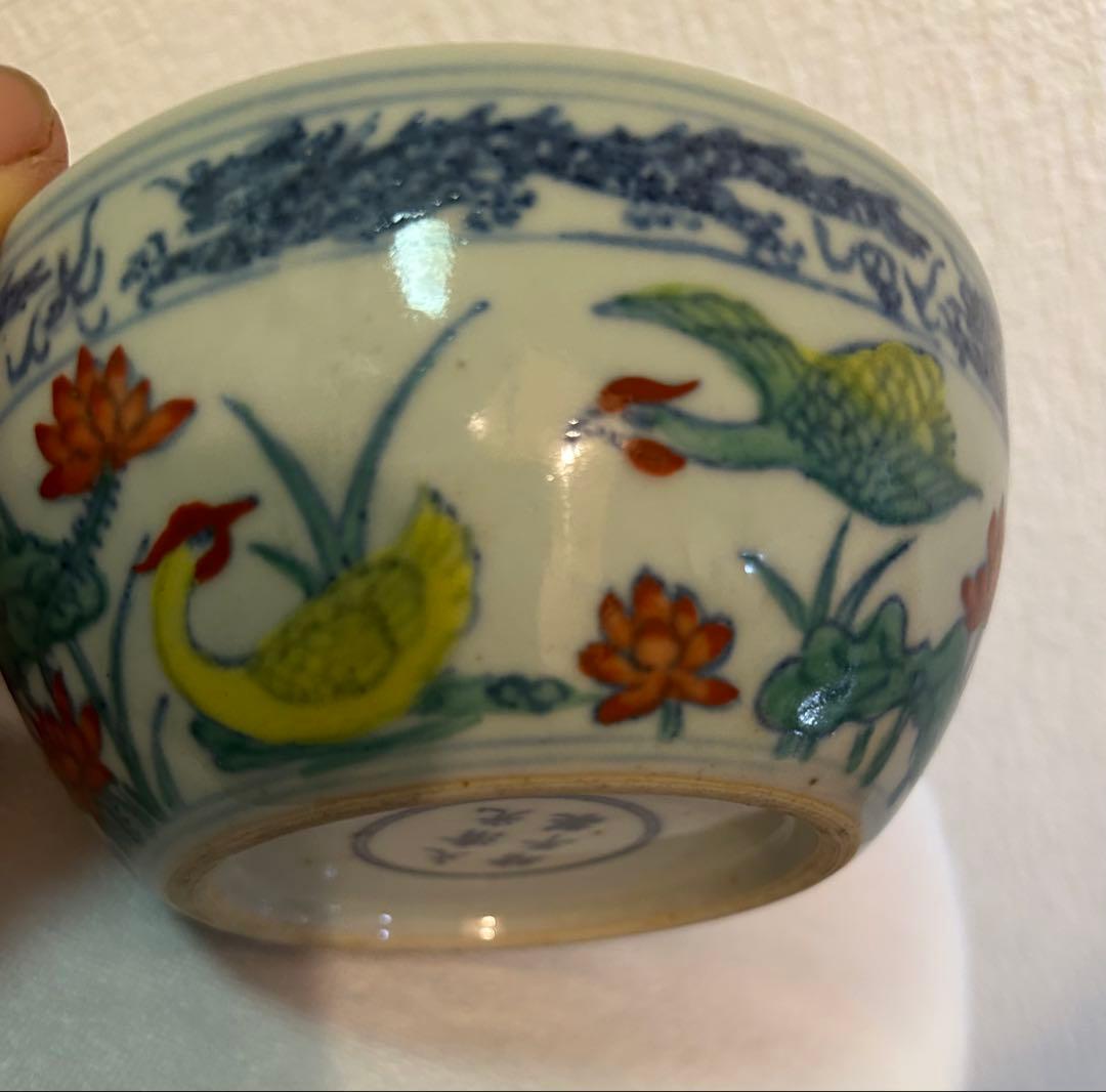中国　清時代　斗彩　蓮鳥紋　大清光緒年製銘