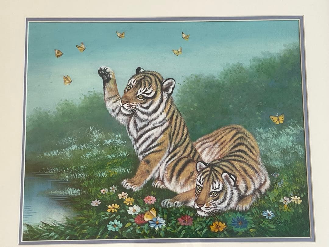 【開運絵画】「水辺の虎と蝶」の油彩画　超絶技巧　L.Chen