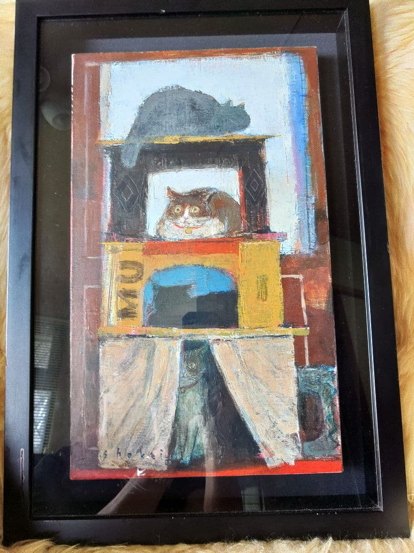 猫の時間　松波照慶　M8号　縦　かわいいネコちゃん　油彩画　4匹の猫　松波画伯