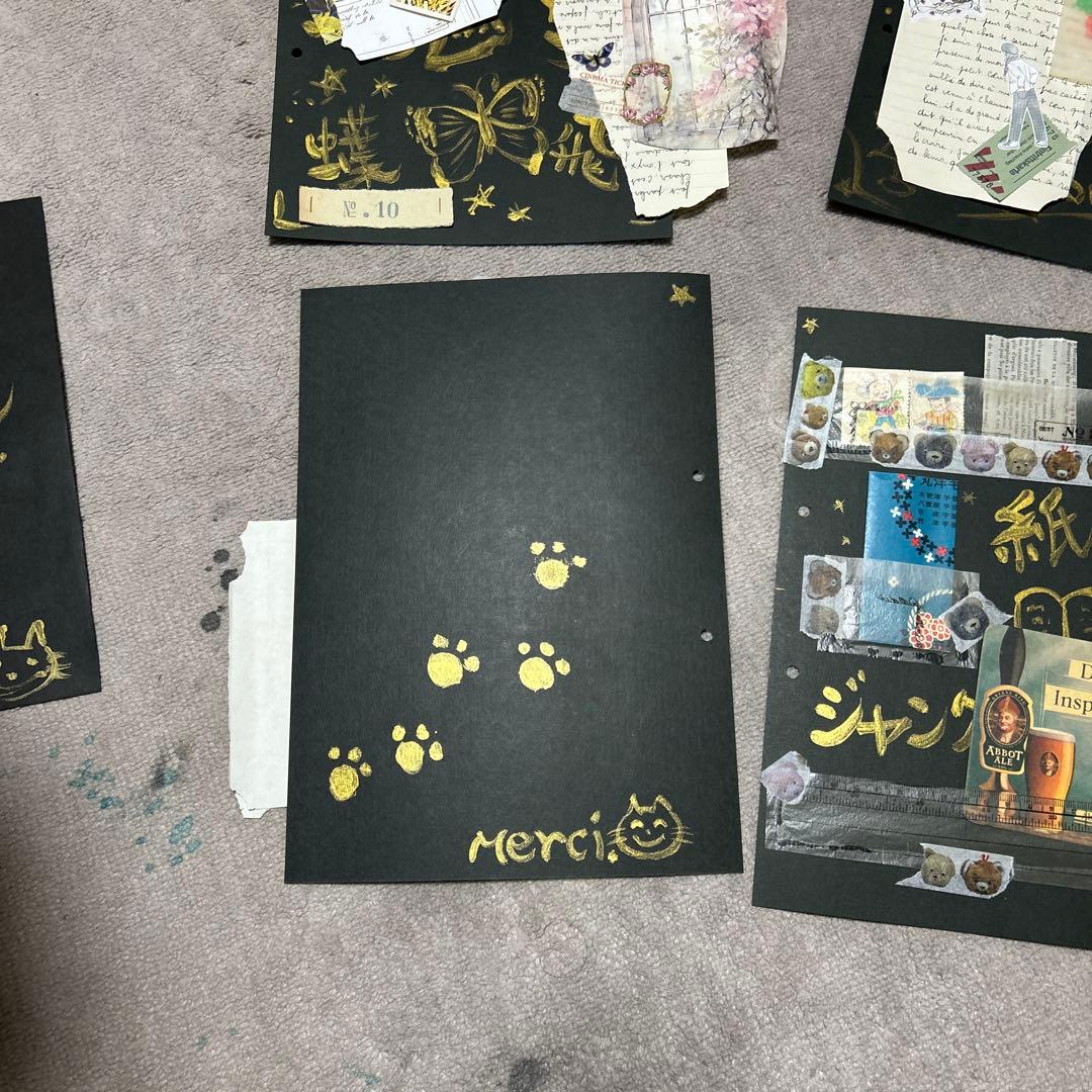 艶猫旅｜黒×金 作品ジャンクジャーナル5枚セット猫足跡merci紙ものコラージュ