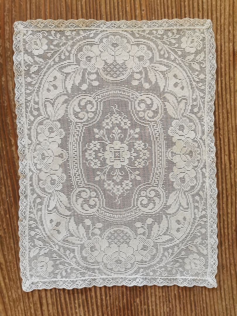 アンティーク 目の細かな◻◽フィレレース レクタングル トレイクロス ローズ紋β