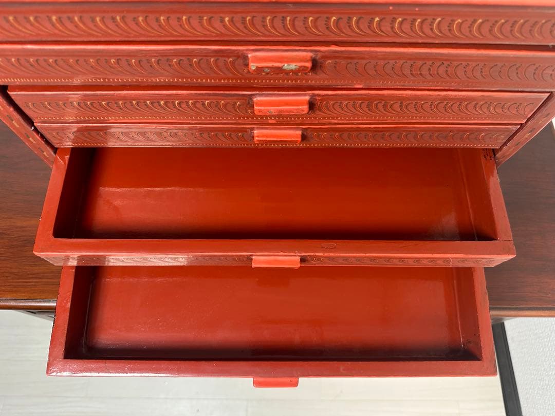 ミャンマー アンティーク 漆器 蒟醤 細密画 収納箱 引き出し 5段 ※31※