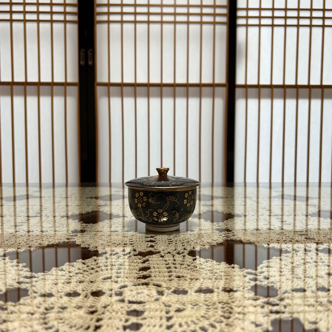 新品未使用 九谷焼 勝月 蓋付汲出碗揃 青粒金彩花唐草乃図 共箱
