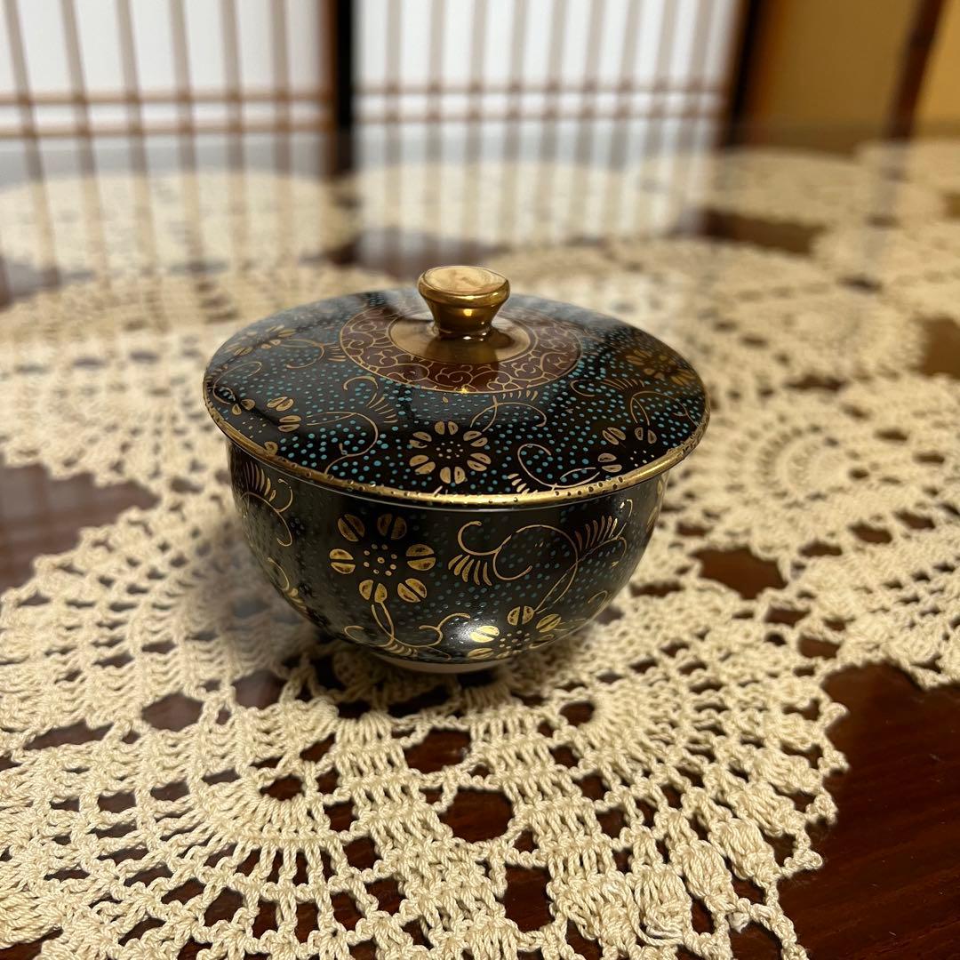新品未使用 九谷焼 勝月 蓋付汲出碗揃 青粒金彩花唐草乃図 共箱