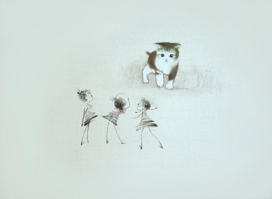 油絵 菅家令子 絵 絵画インテリア額付(青緑＋金色の枠)F4-090218猫女子