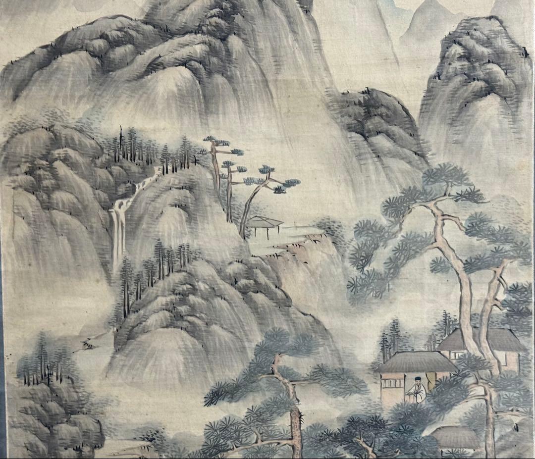 釧雲泉浅絳山水　亀田鵬斎題詩　絹本肉筆　鑑定入　箱付　掛軸　送料込み250824