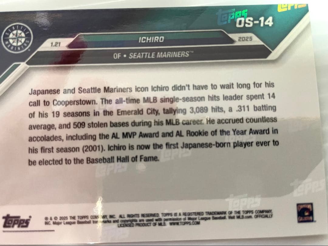 殿堂　イチロー 直筆サインボール 証明書付き3/51 & Toppsカード