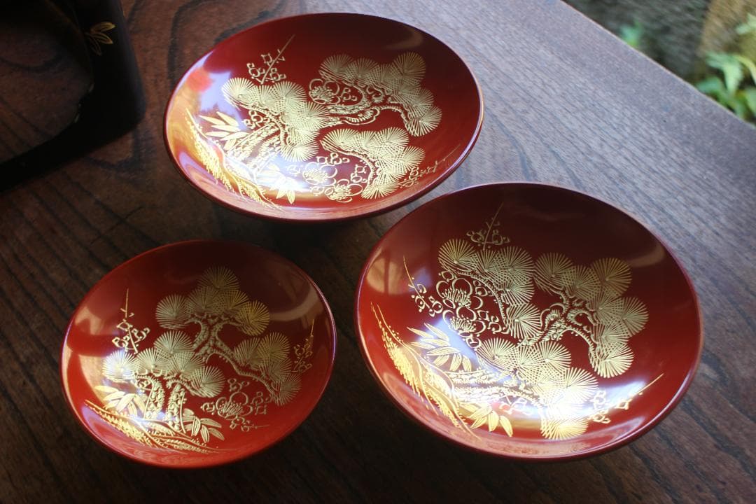 デッドストック！！極上松竹梅鶴亀沈金の映える輪島塗屠蘇器重箱揃い（検重箱お重