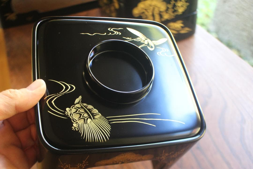 デッドストック！！極上松竹梅鶴亀沈金の映える輪島塗屠蘇器重箱揃い（検重箱お重