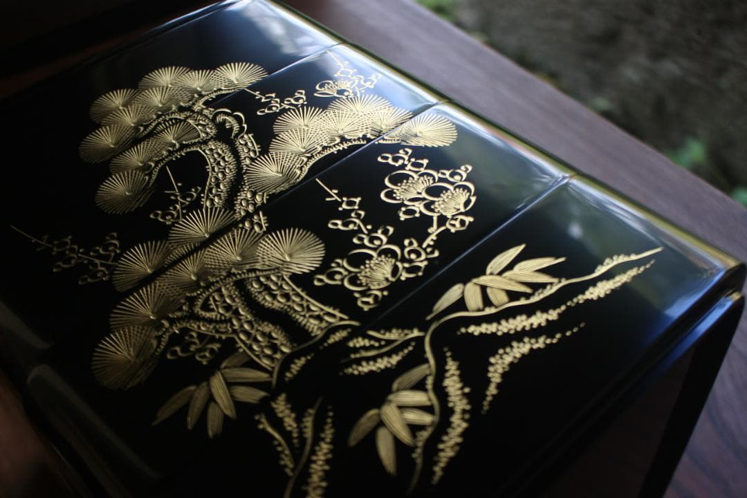 デッドストック！！極上松竹梅鶴亀沈金の映える輪島塗屠蘇器重箱揃い（検重箱お重