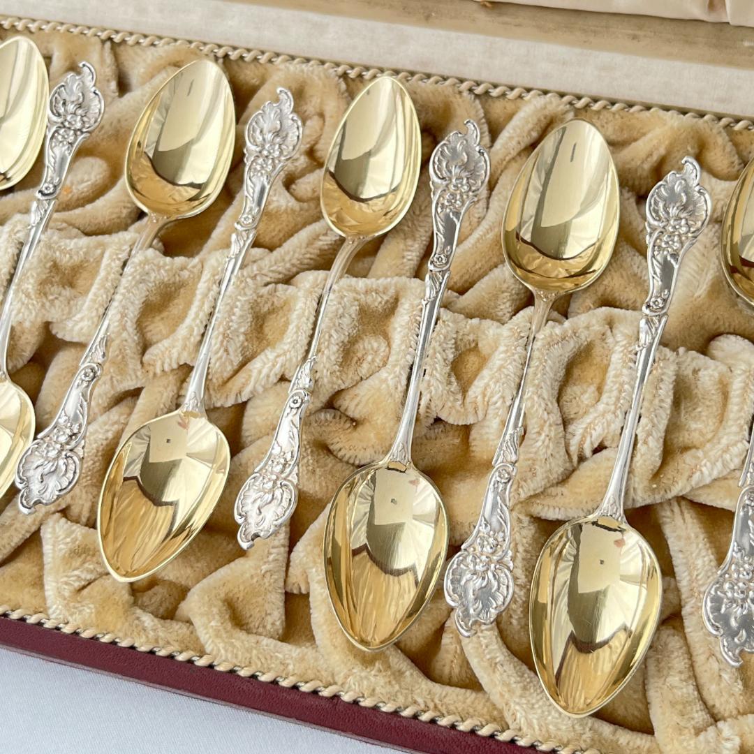 【ドイツ】レリーフのモカスプーン 12本【純銀】 10.5cm ケース