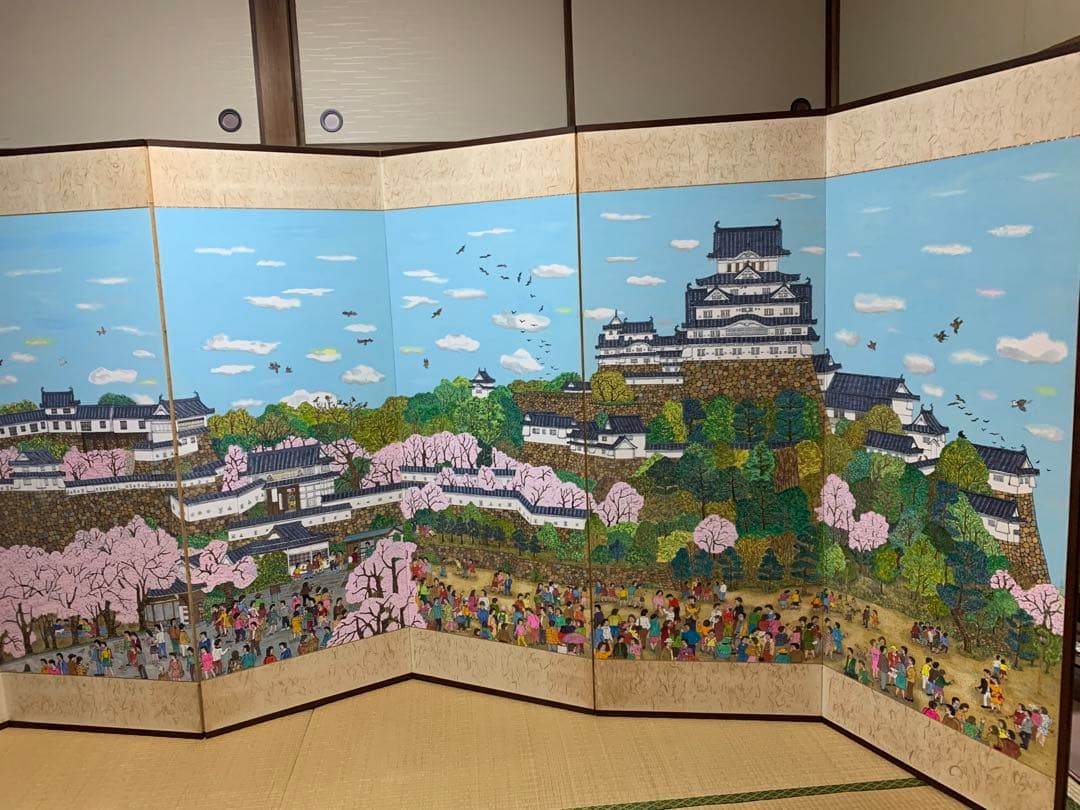 桜と姫路城の風景画　屏風式　日本画　1995年