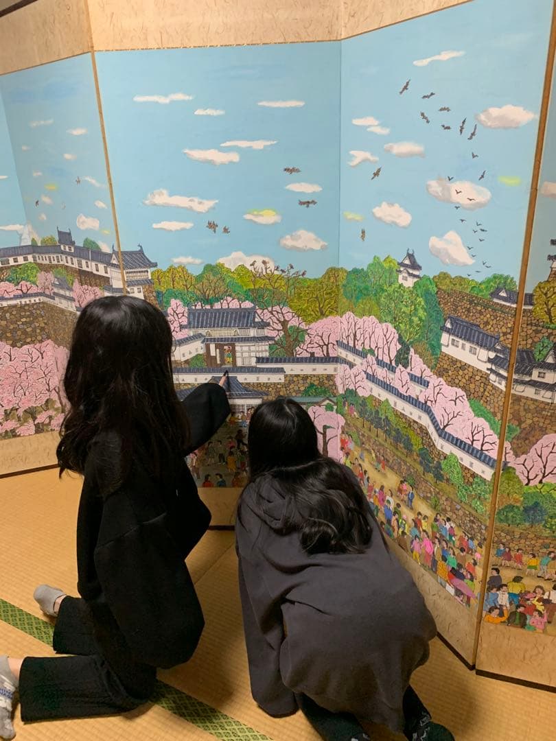 桜と姫路城の風景画　屏風式　日本画　1995年