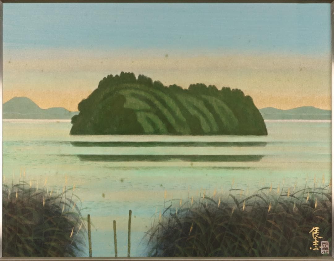 【真作】　樋口辰志 「 朝爽（竹生島） 」　6号　日本画　共シール　BK096