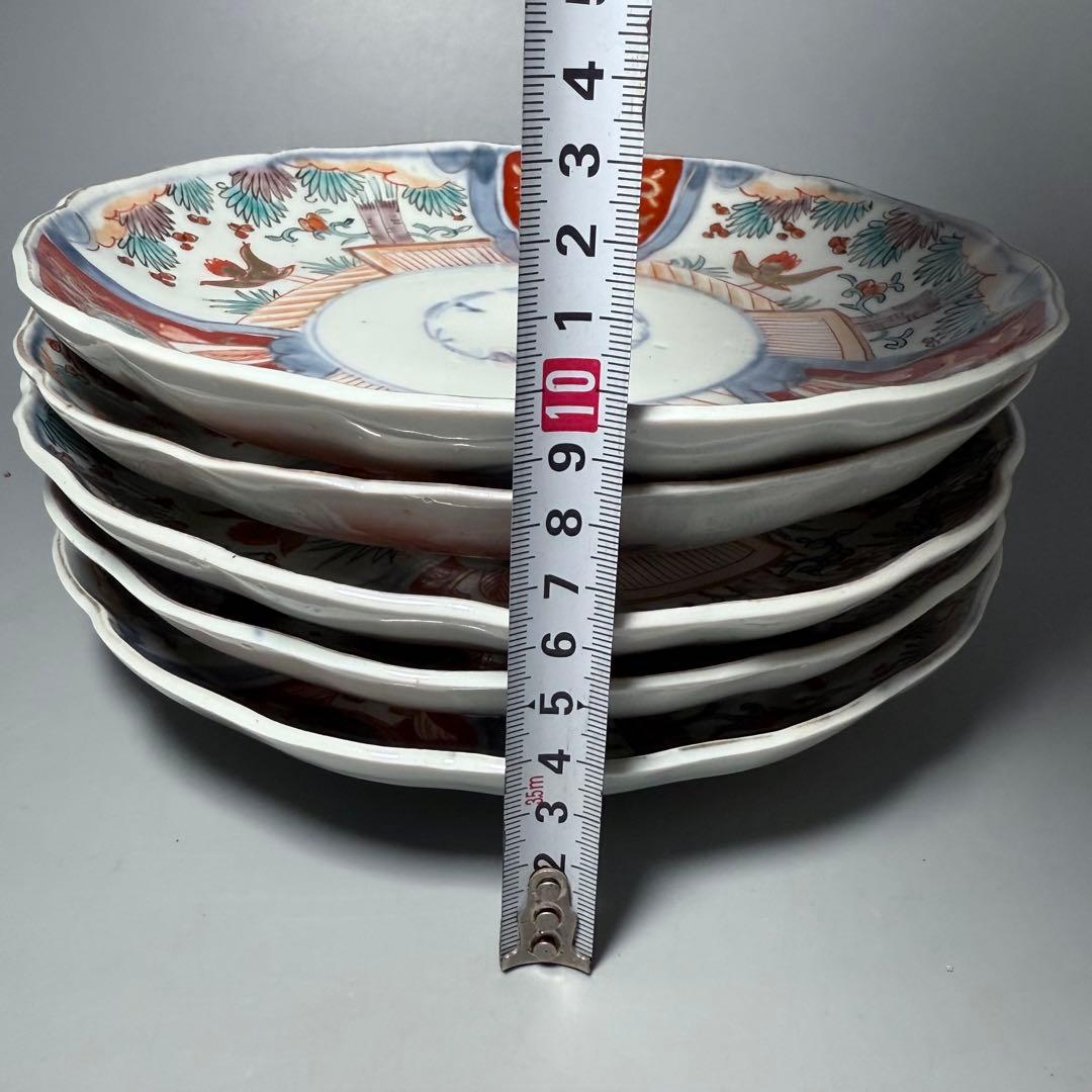 古伊万里　色絵花鳥図輪花形七寸皿　5枚　松竹梅　裏巻物文様　金蘭手　赤絵　江戸期