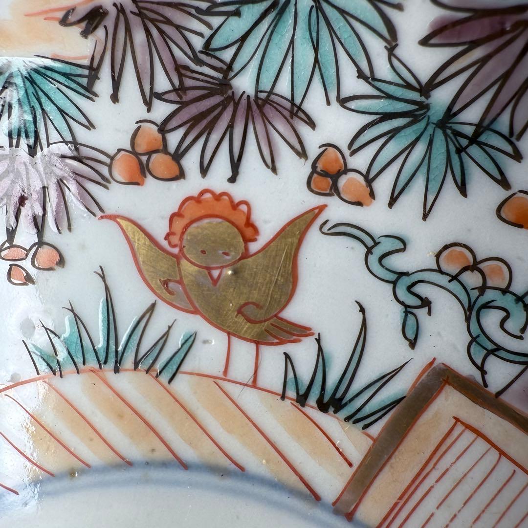 古伊万里　色絵花鳥図輪花形七寸皿　5枚　松竹梅　裏巻物文様　金蘭手　赤絵　江戸期