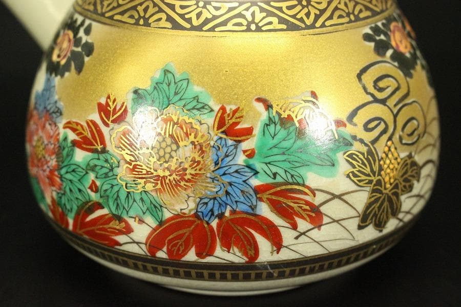 九谷焼 御香茶器 急須 碗 色絵 金彩 錦泉作 木箱付(メ1333)